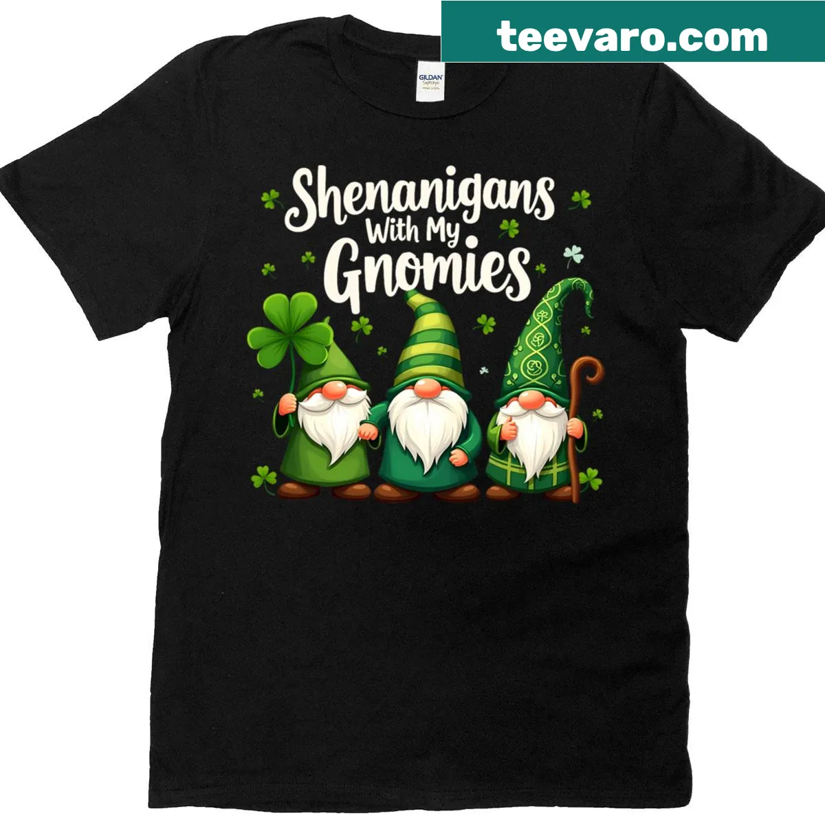 St. Patrick's Day shirt with shamrock, leopard, and gnome illustration — on a men's t-shirt
