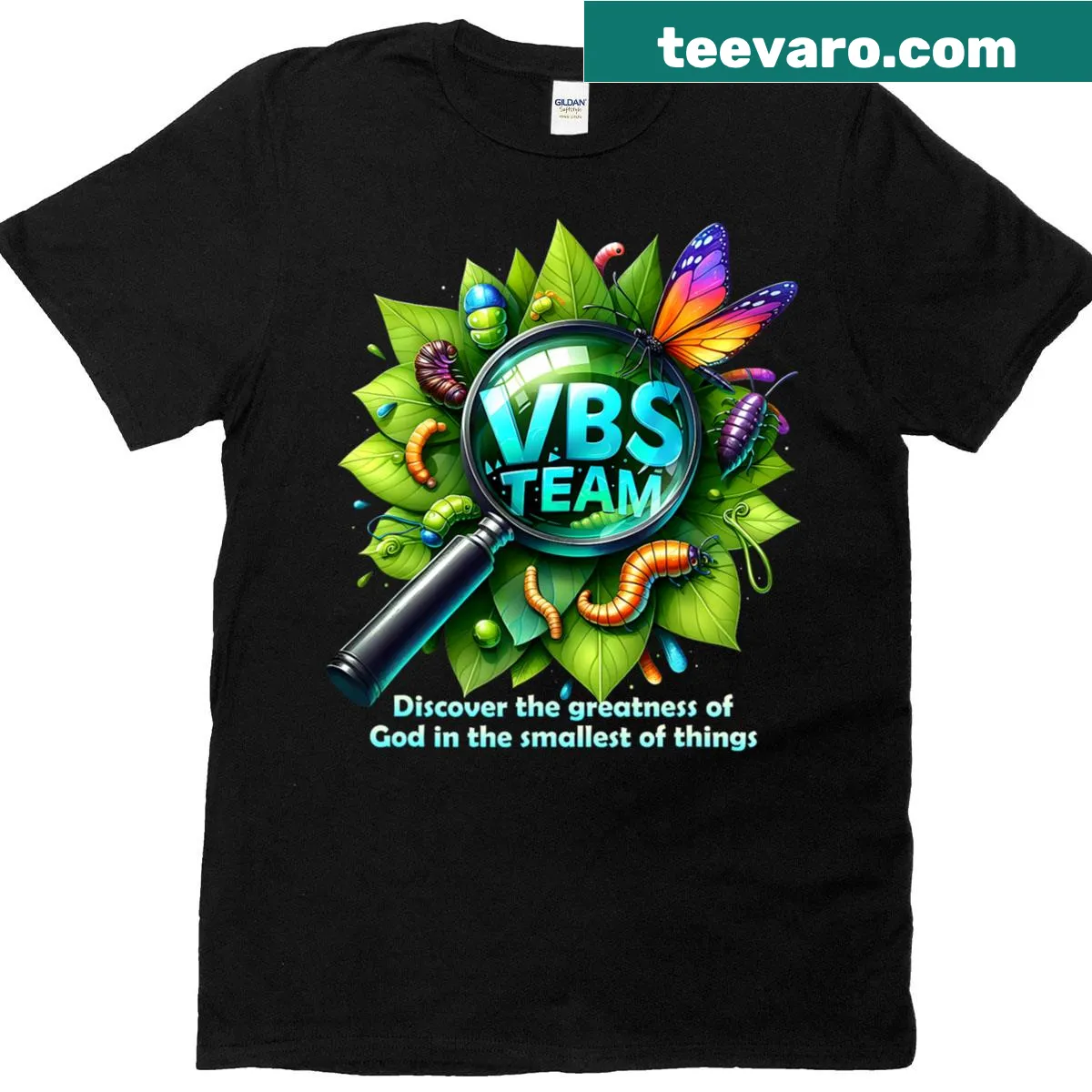 Illustrative t-shirt for VBS Team 2025 featuring small insects — on a men's t-shirt