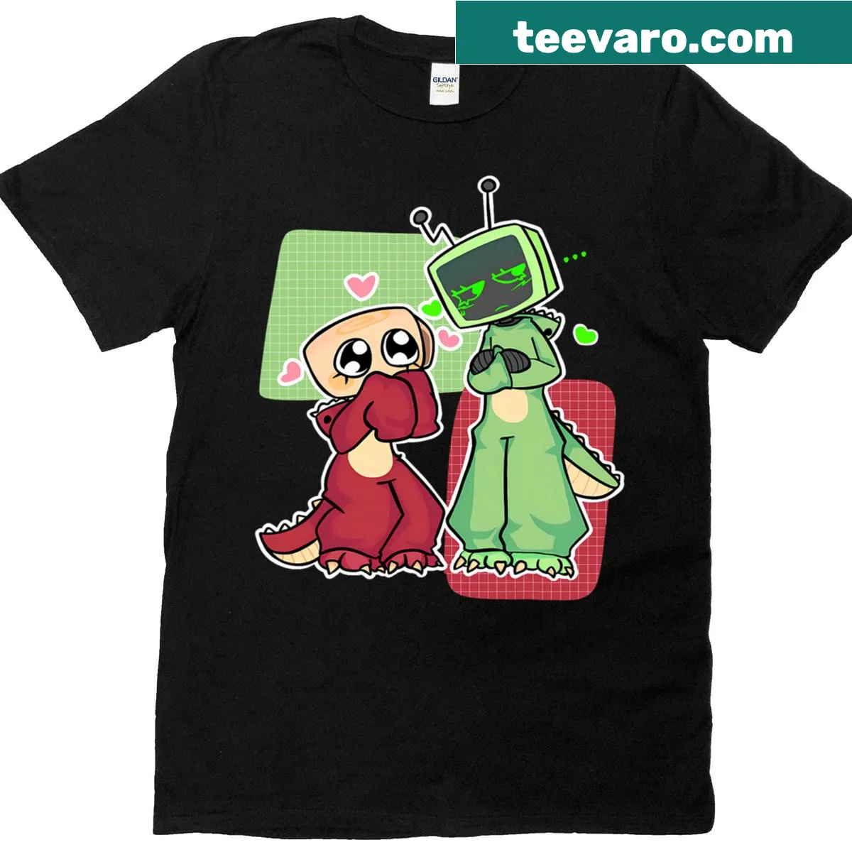 Illustrative T-shirt featuring Vee and Shelly from Dandy's World — on a men's t-shirt
