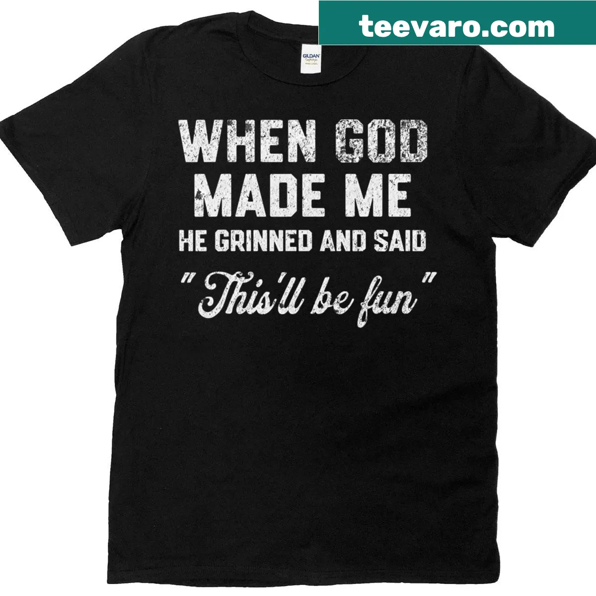 Vintage distressed religious t-shirt with humorous text about creation — on a men's t-shirt