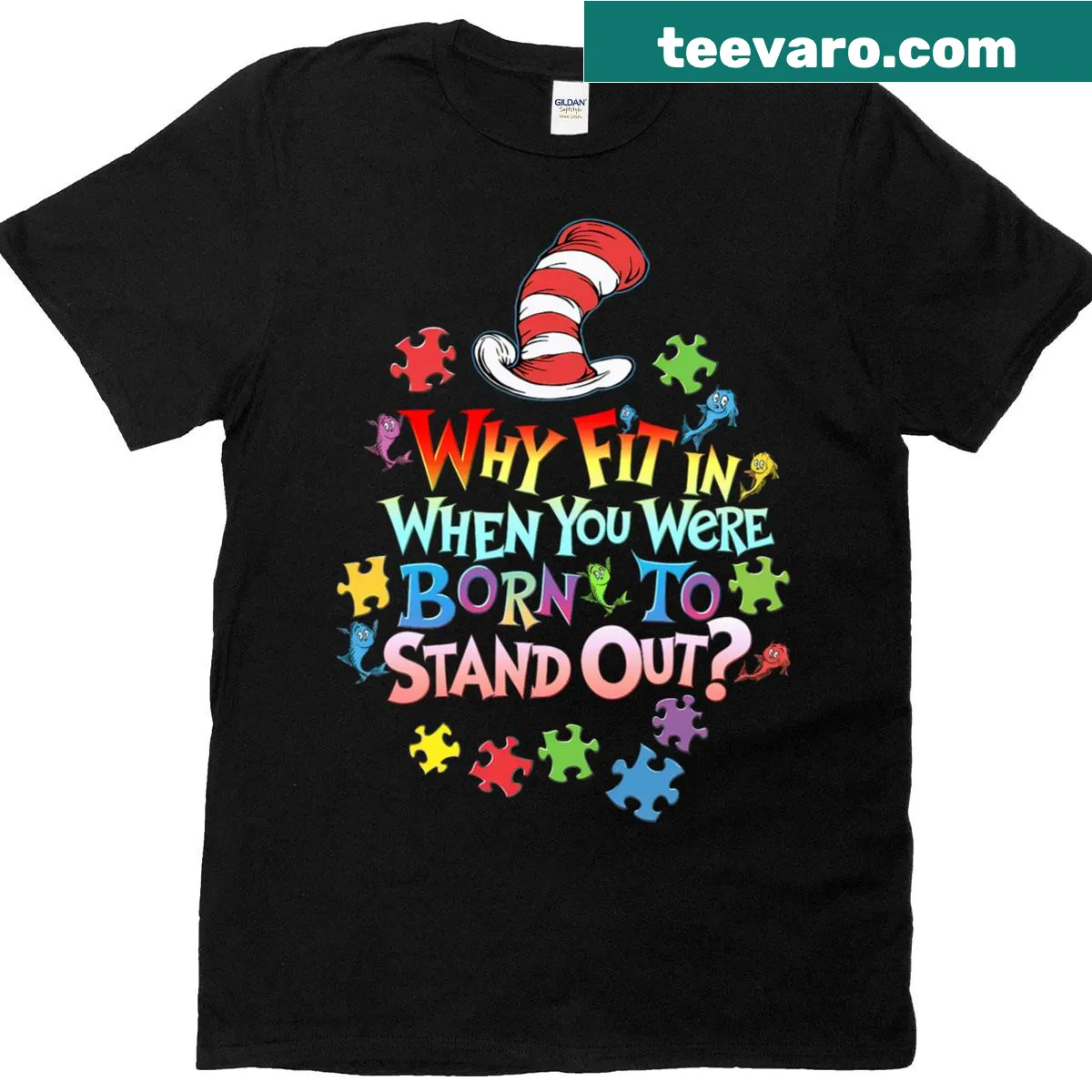 Illustrative T-shirt blending Cat in the Hat with autism awareness themes — on a men's t-shirt