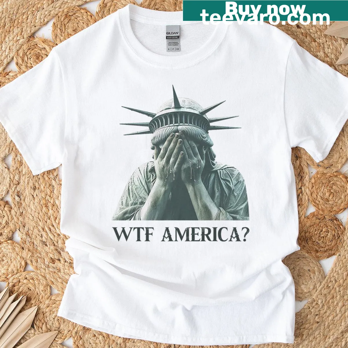 Statue of Liberty crying graphic on edgy T-shirt — on a men's t-shirt