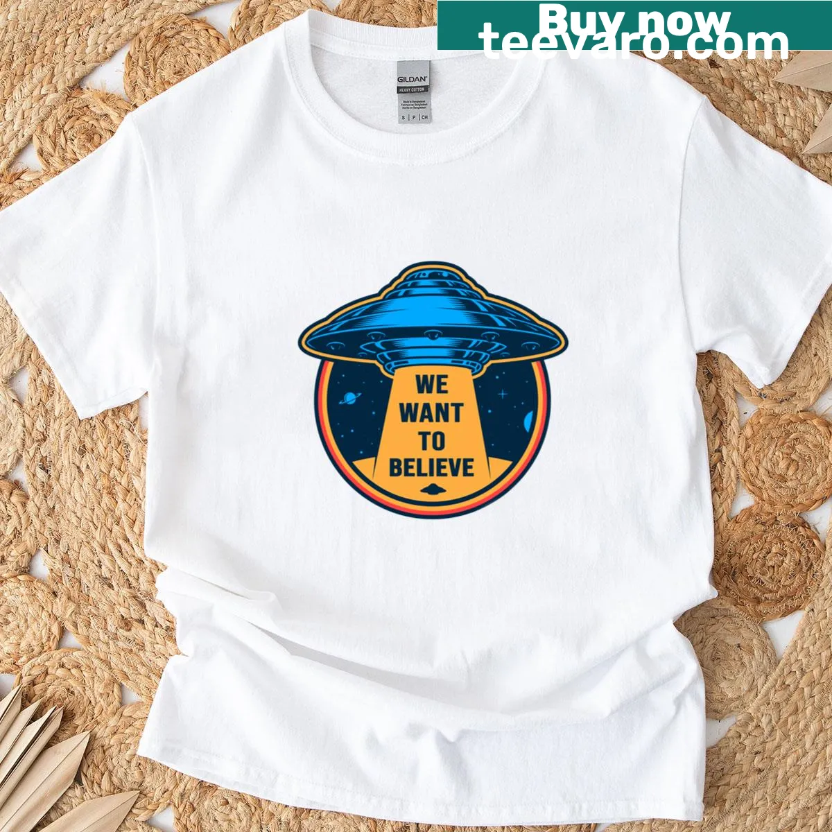 UFO-themed t-shirt with We Want To Believe text — on a men's t-shirt