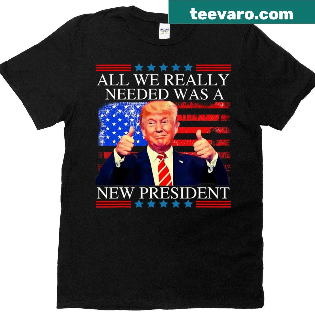 Patriotic T-shirt featuring American flag and political text — on a men's t-shirt
