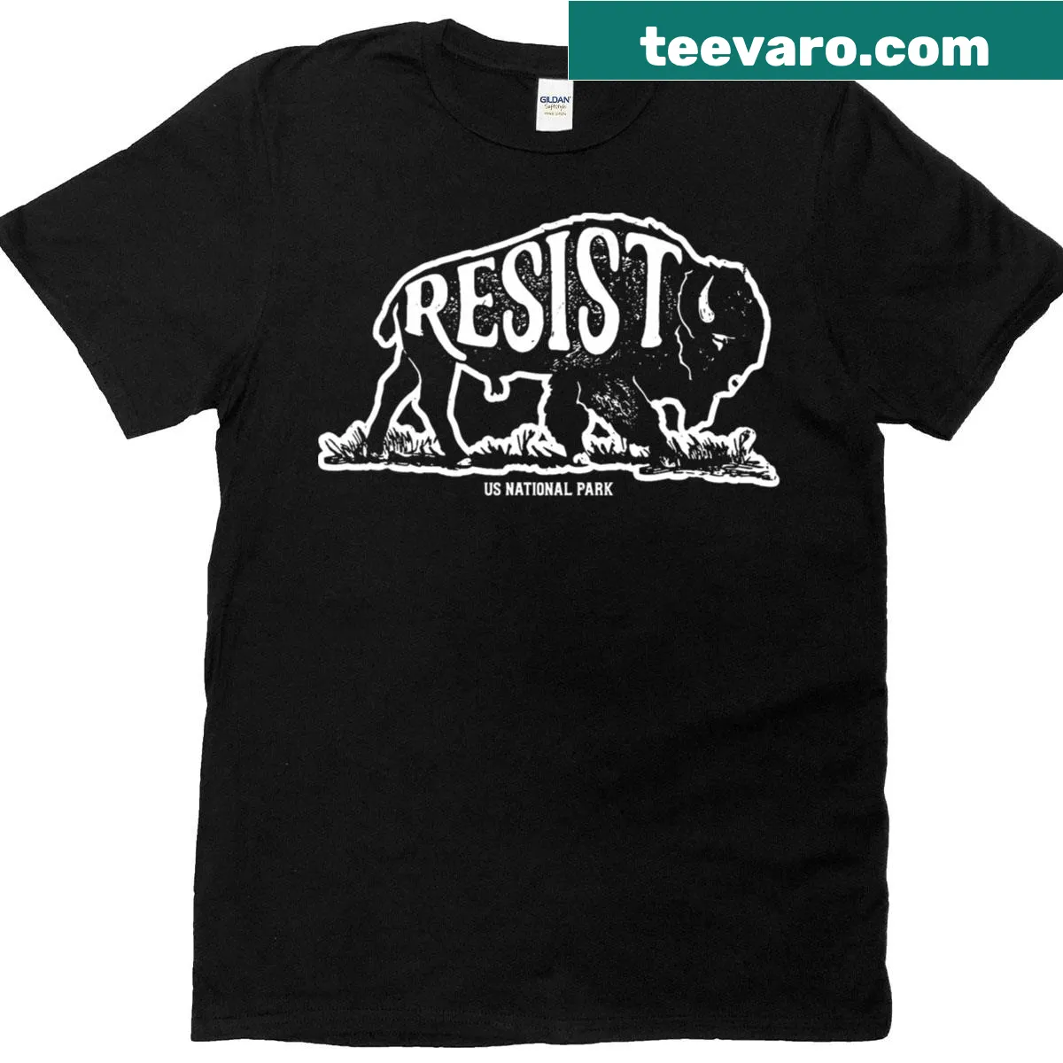 Illustrated bison with 'Resist' text on a national park theme t-shirt — on a men's t-shirt