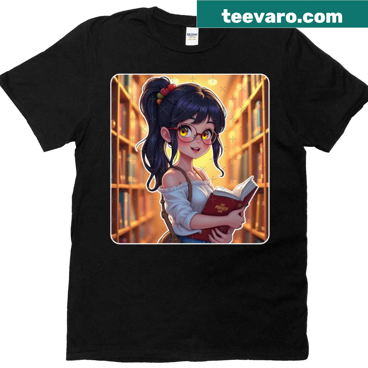 Anime-style librarian graphic surrounded by books on a T-shirt — on a men's t-shirt