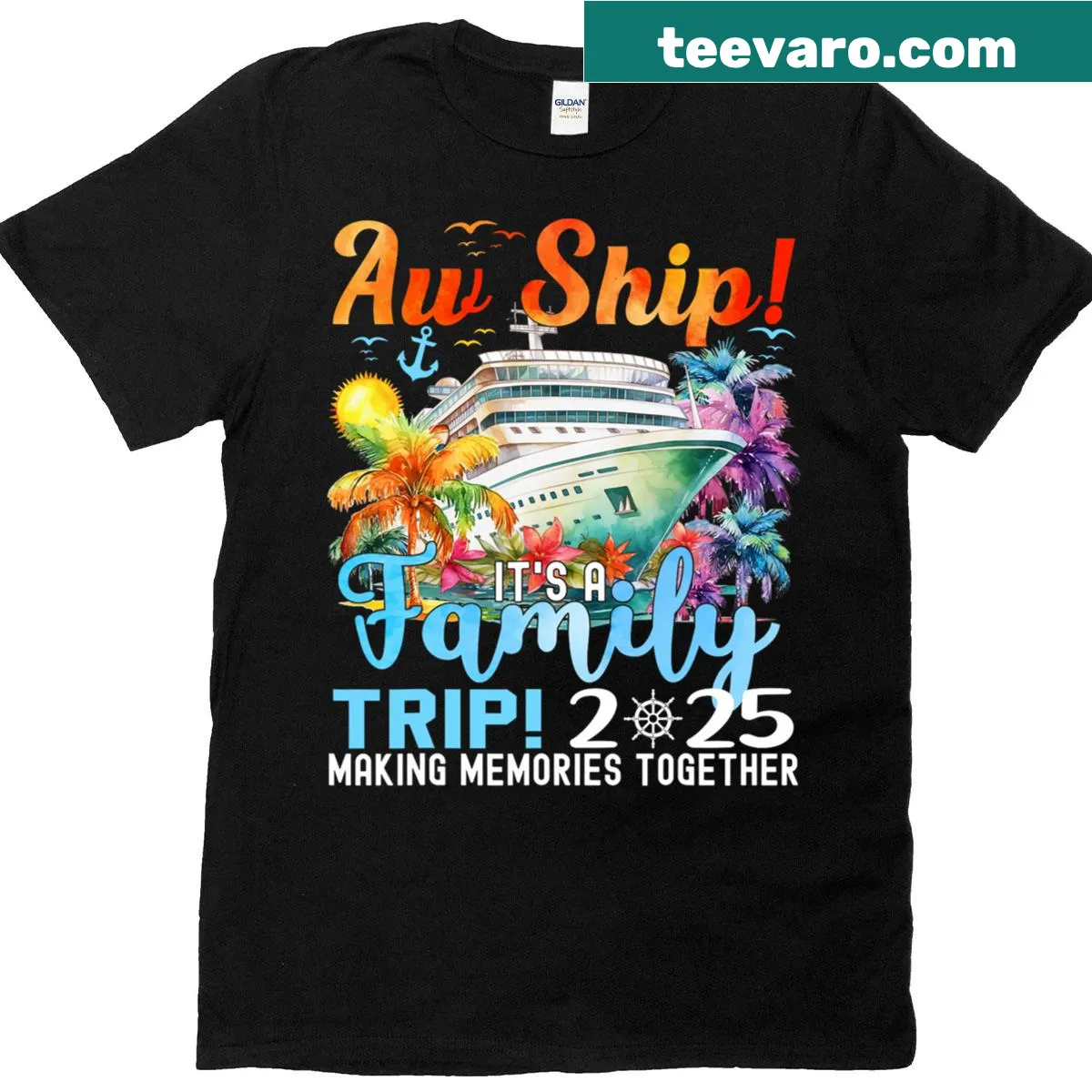 Playful family cruise T-shirt with 'Aw Ship Its A Family Trip' text — on a men's t-shirt
