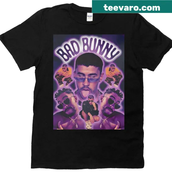Illustrated design inspired by Bad Bunny on a casual music-themed t-shirt