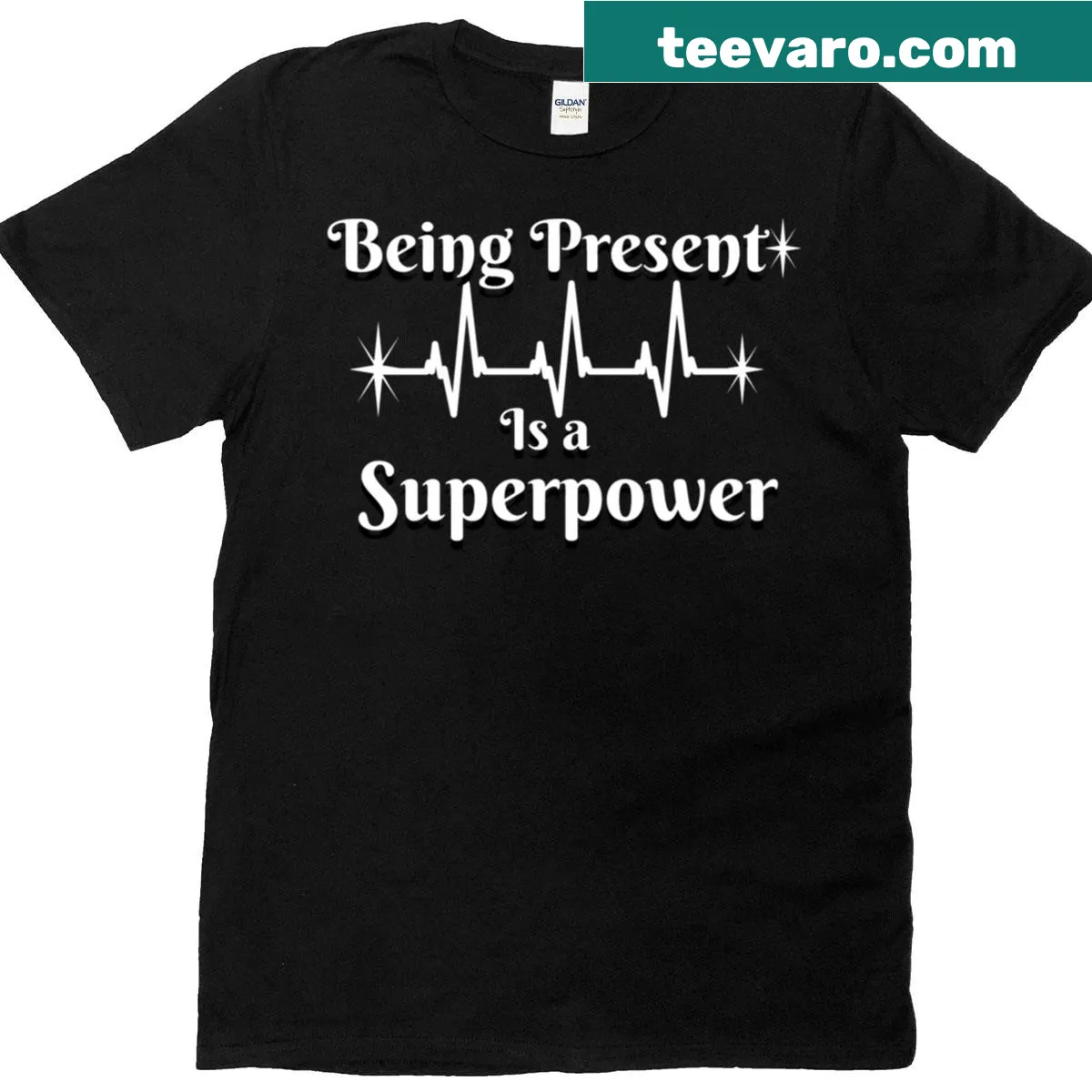 Mindfulness-themed t-shirt with 'Being Present Is A Superpower' text — on a men's t-shirt