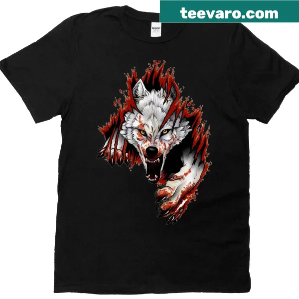T-shirt featuring a fierce graphic of a white wolf under the moonlight