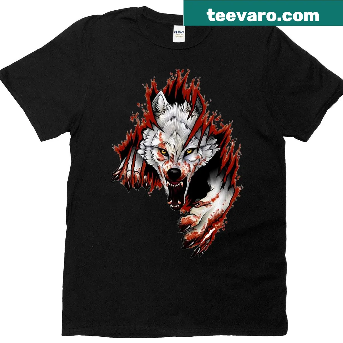 T-shirt featuring a fierce graphic of a white wolf under the moonlight — on a men's t-shirt
