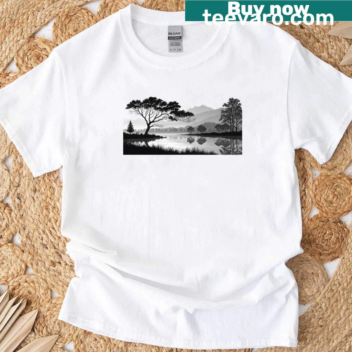 Minimalistic black and white silhouette nature T-shirt design — on a men's t-shirt