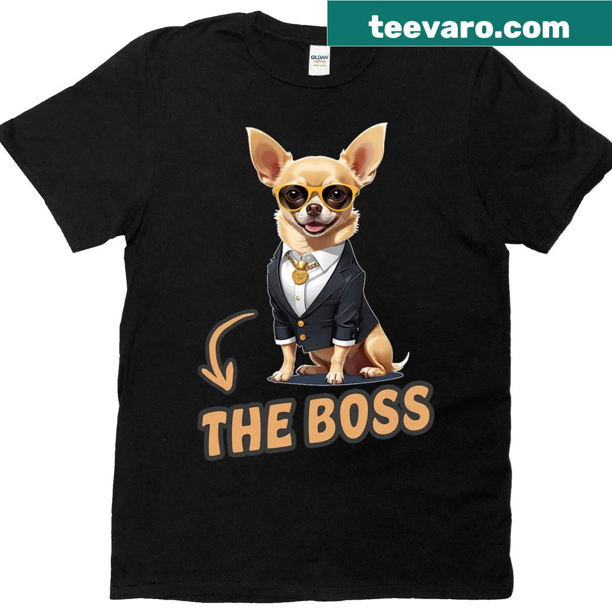 Funny Chihuahua owner t-shirt with The Boss text — on a men's t-shirt