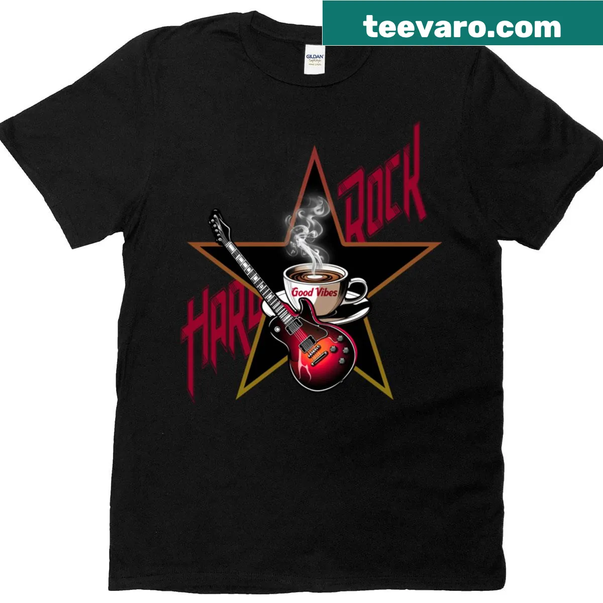 T-shirt with 'Coffee Hard Rock Good Vibes' text — on a men's t-shirt