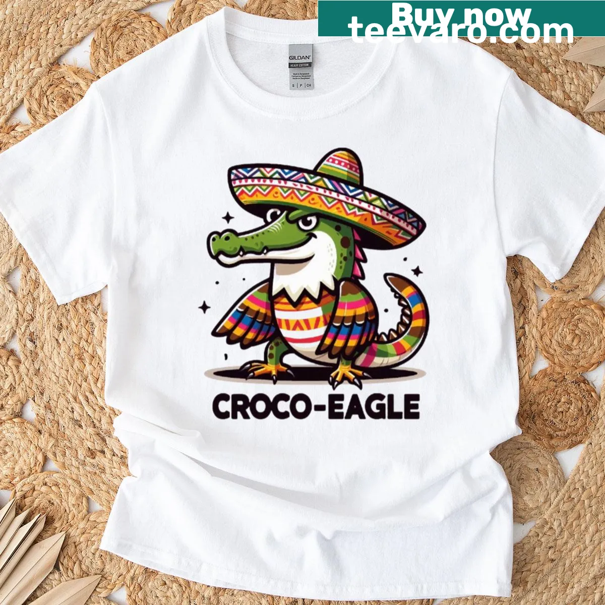 Whimsical bird art T-shirt featuring a sombrero wearing crocodile-eagle — on a men's t-shirt