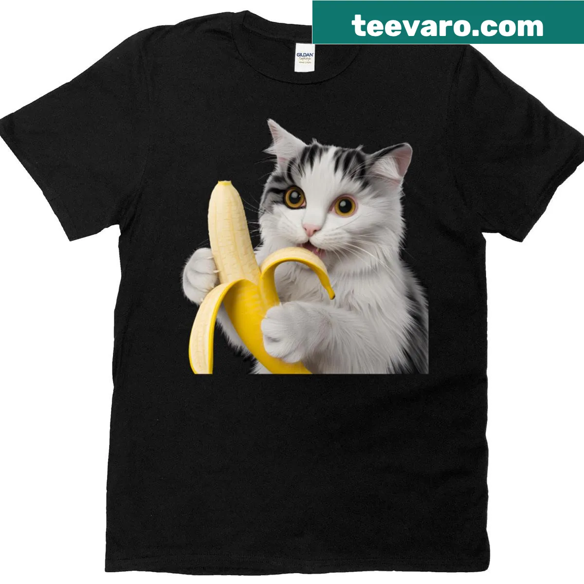 Whimsical cat eating a banana graphic on a t-shirt — on a men's t-shirt