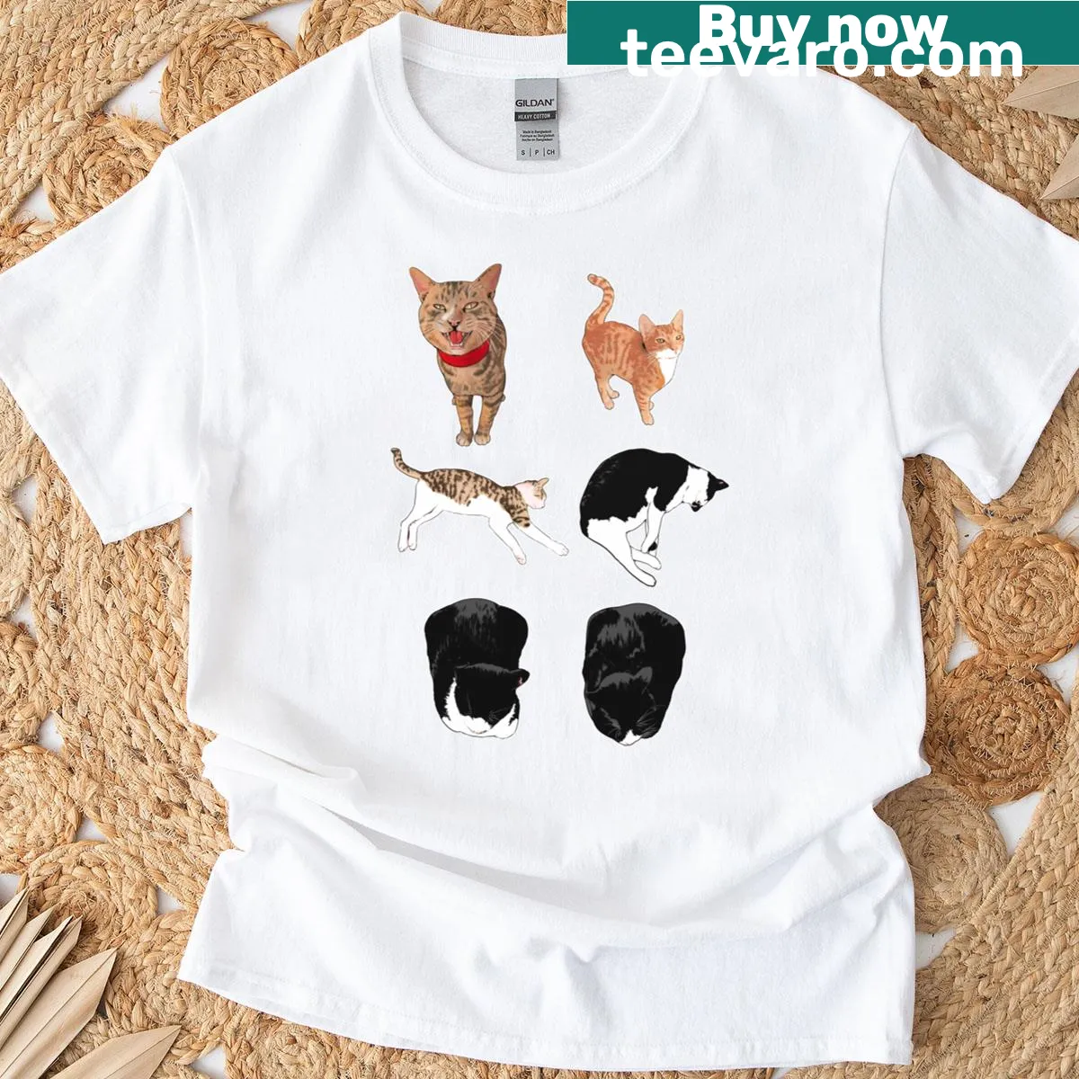 Illustrated T-shirt featuring a cute stray cat image — on a men's t-shirt