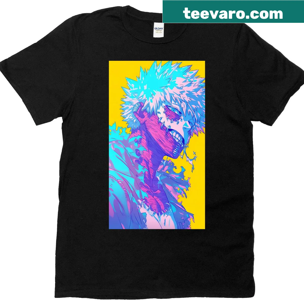 Anime-themed Eddy shirt with blue flames design — on a men's t-shirt