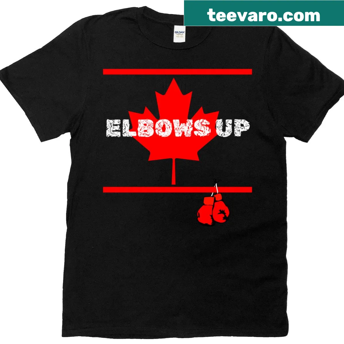 Sporty Canadian T-shirt with boxing design and maple leaf — on a men's t-shirt