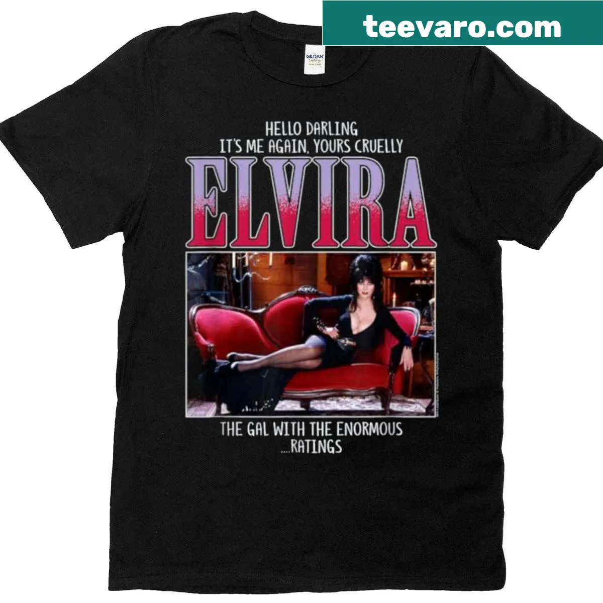 T-shirt featuring the iconic Elvira character graphic — on a men's t-shirt