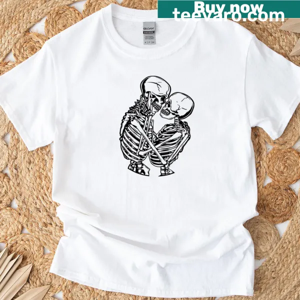 Skeletons embracing graphic on a quirky love-themed t-shirt