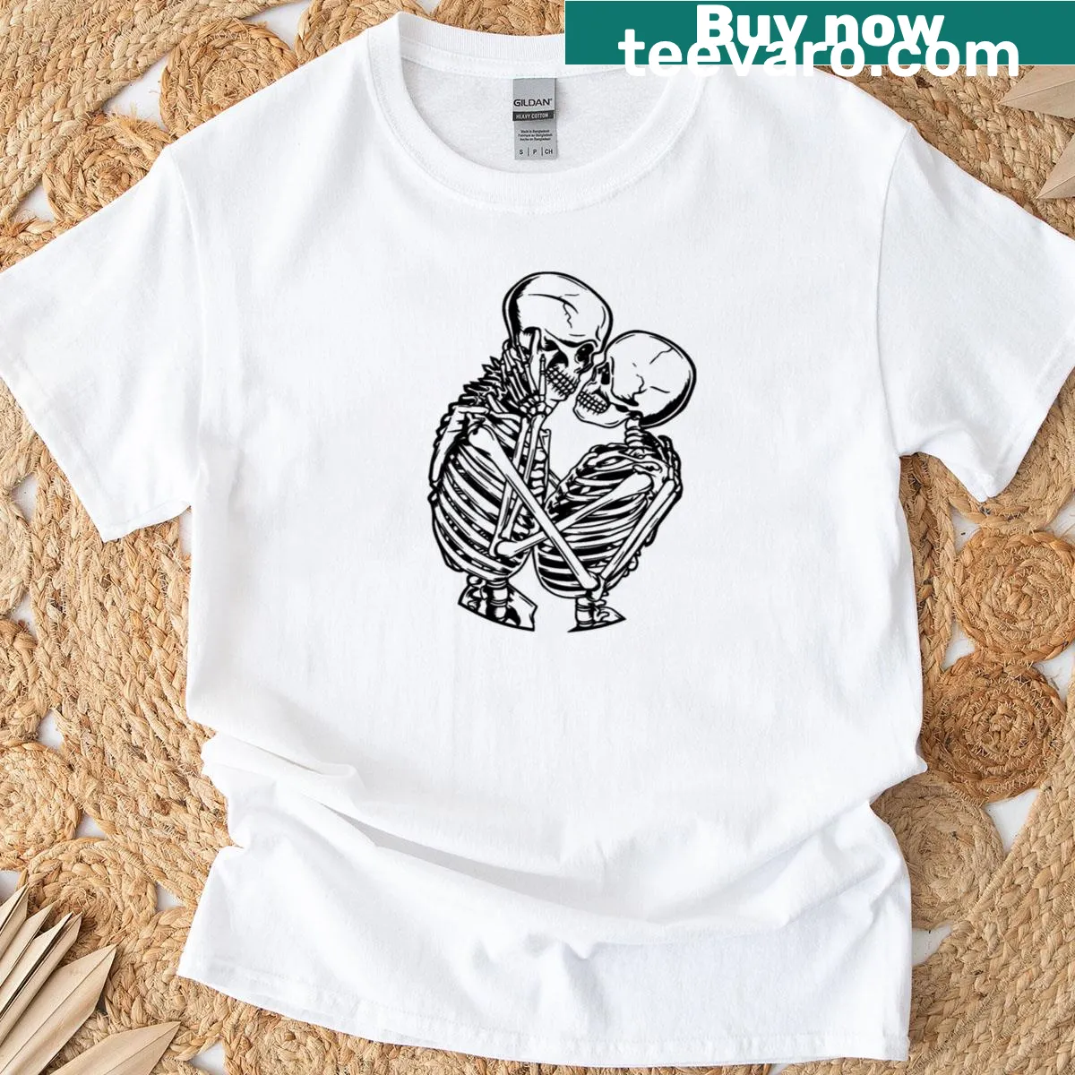 Skeletons embracing graphic on a quirky love-themed t-shirt — on a men's t-shirt