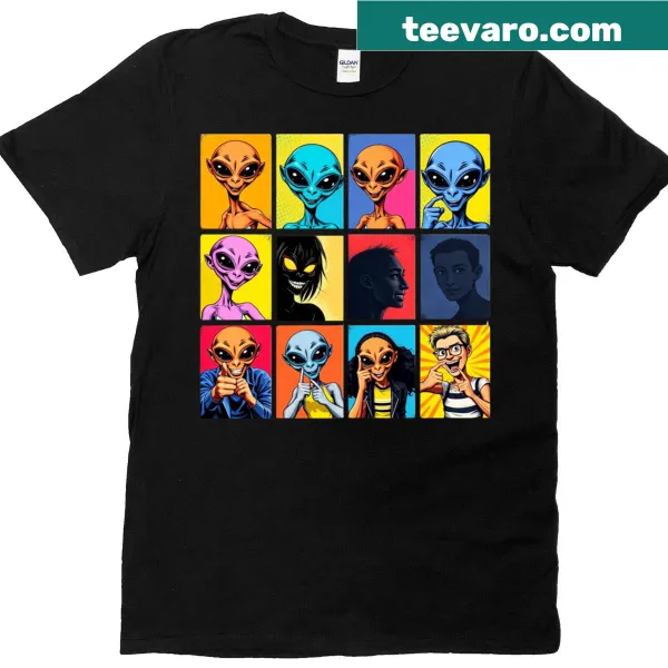 Aliens and humans graphic T-shirt in pop art style