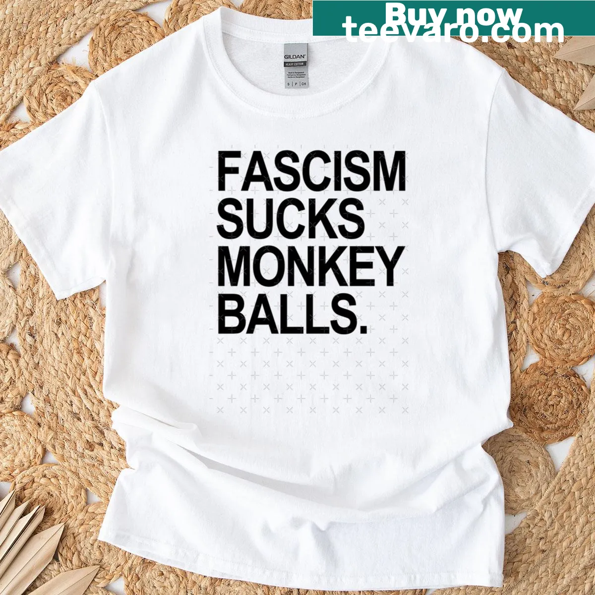 Black T-shirt with bold text saying 'Fascism Sucks Monkey Balls' — on a men's t-shirt