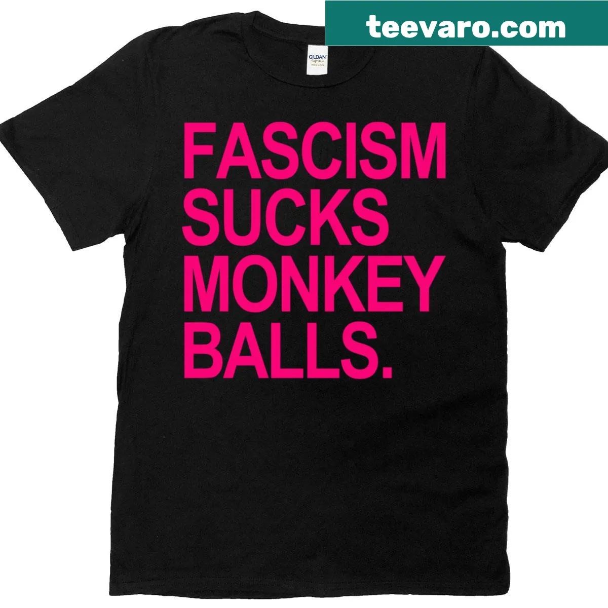 Humorous T-shirt with the text 'Fascism Sucks Monkey Balls' in bold typography. — on a men's t-shirt