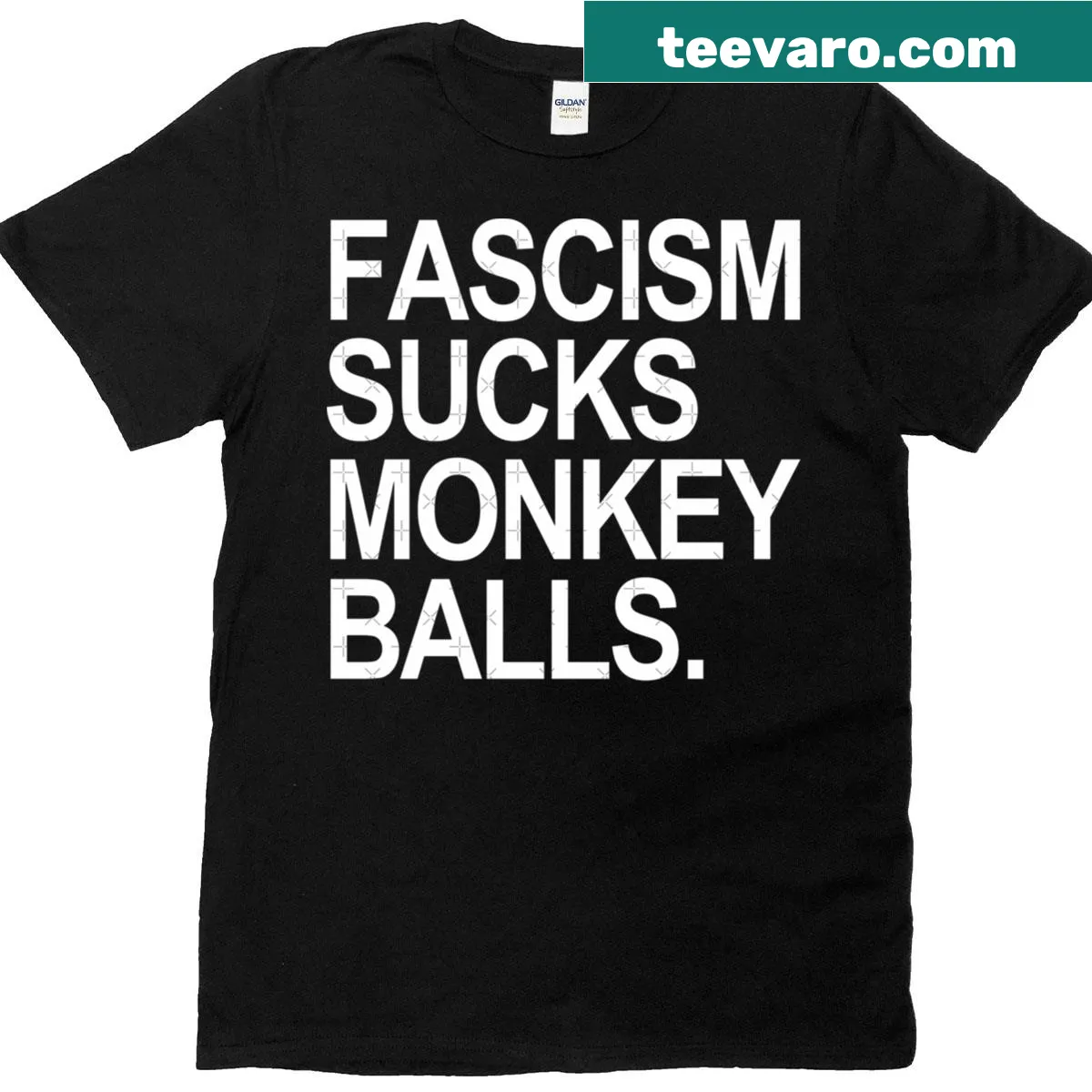 Casual T-shirt with the slogan 'Fascism Sucks Monkey Balls' prominently displayed. — on a men's t-shirt