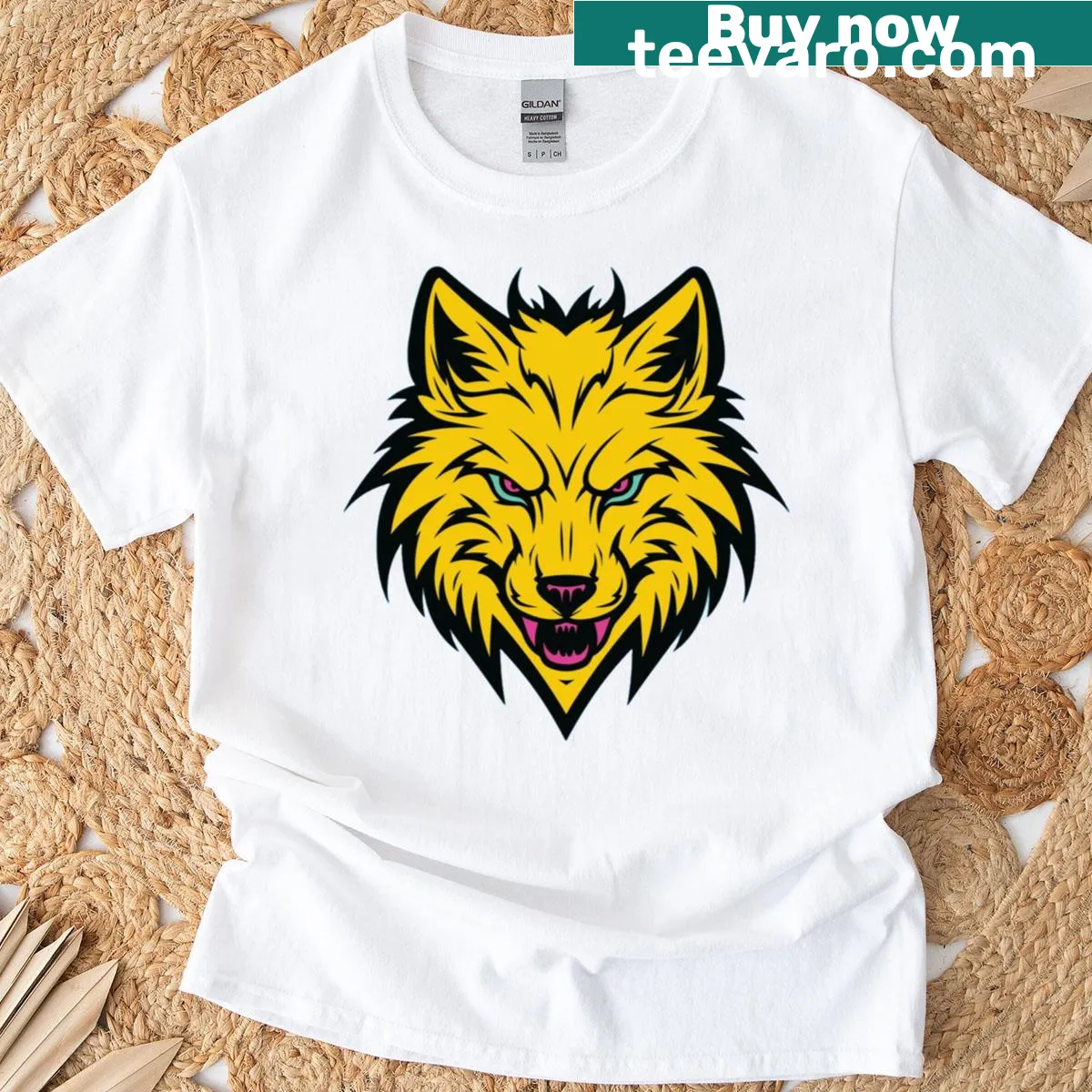Illustration of a fierce yellow wolf head on a t-shirt — on a men's t-shirt