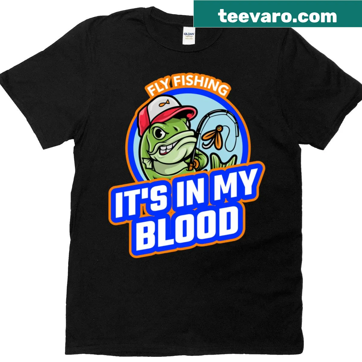 T-shirt featuring the phrase 'Fly Fishing It's In My Blood' in a creative font. — on a men's t-shirt