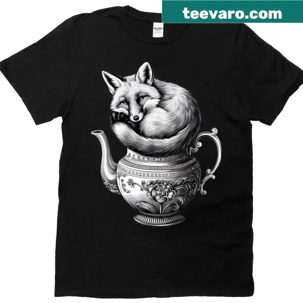 Whimsical fox illustration in a teapot on a t-shirt