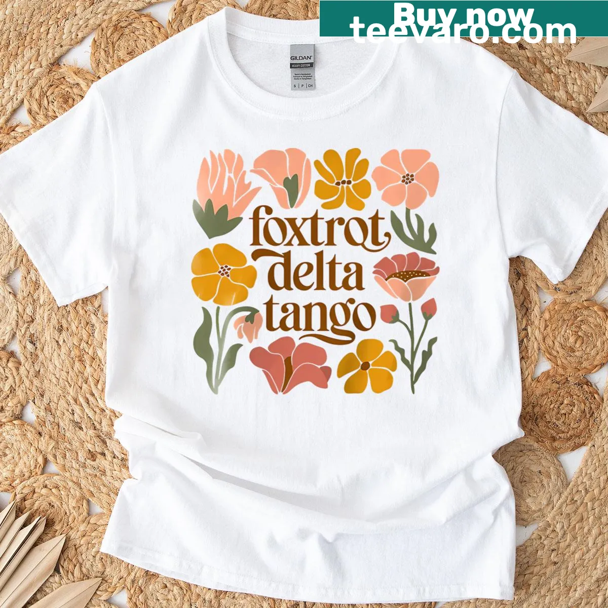 Boho floral t-shirt featuring playful illustrations with 'Foxtrots Deltas Tangos' — on a men's t-shirt