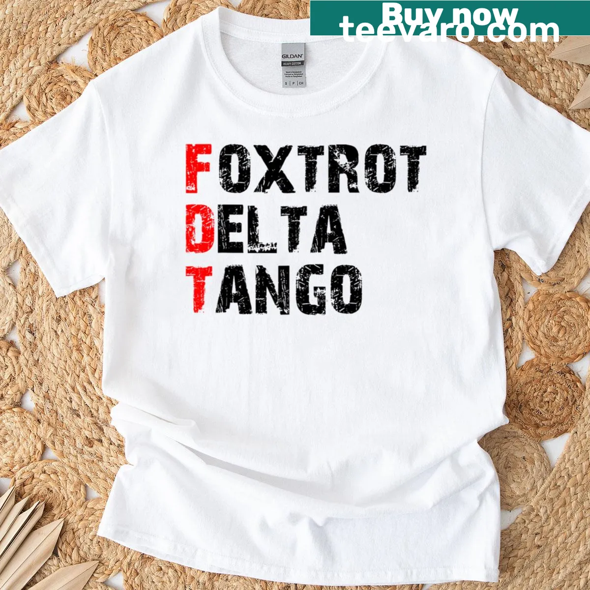 T-shirt featuring phonetic alphabet terms Foxtrots, Deltas, and Tangos — on a men's t-shirt
