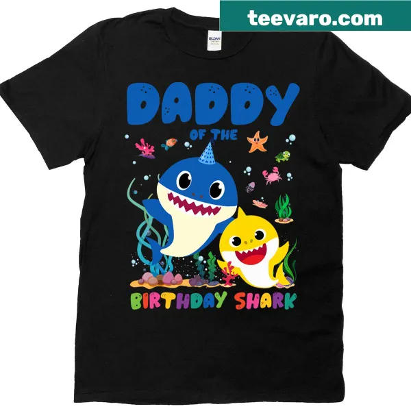 Shark-themed birthday t-shirt for kids with festive graphics