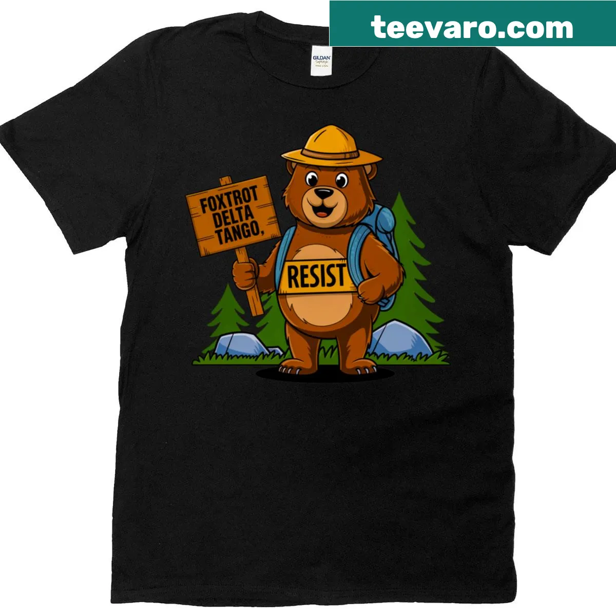 T-shirt featuring a humorous bear illustration with 'Fdt Resist' text — on a men's t-shirt