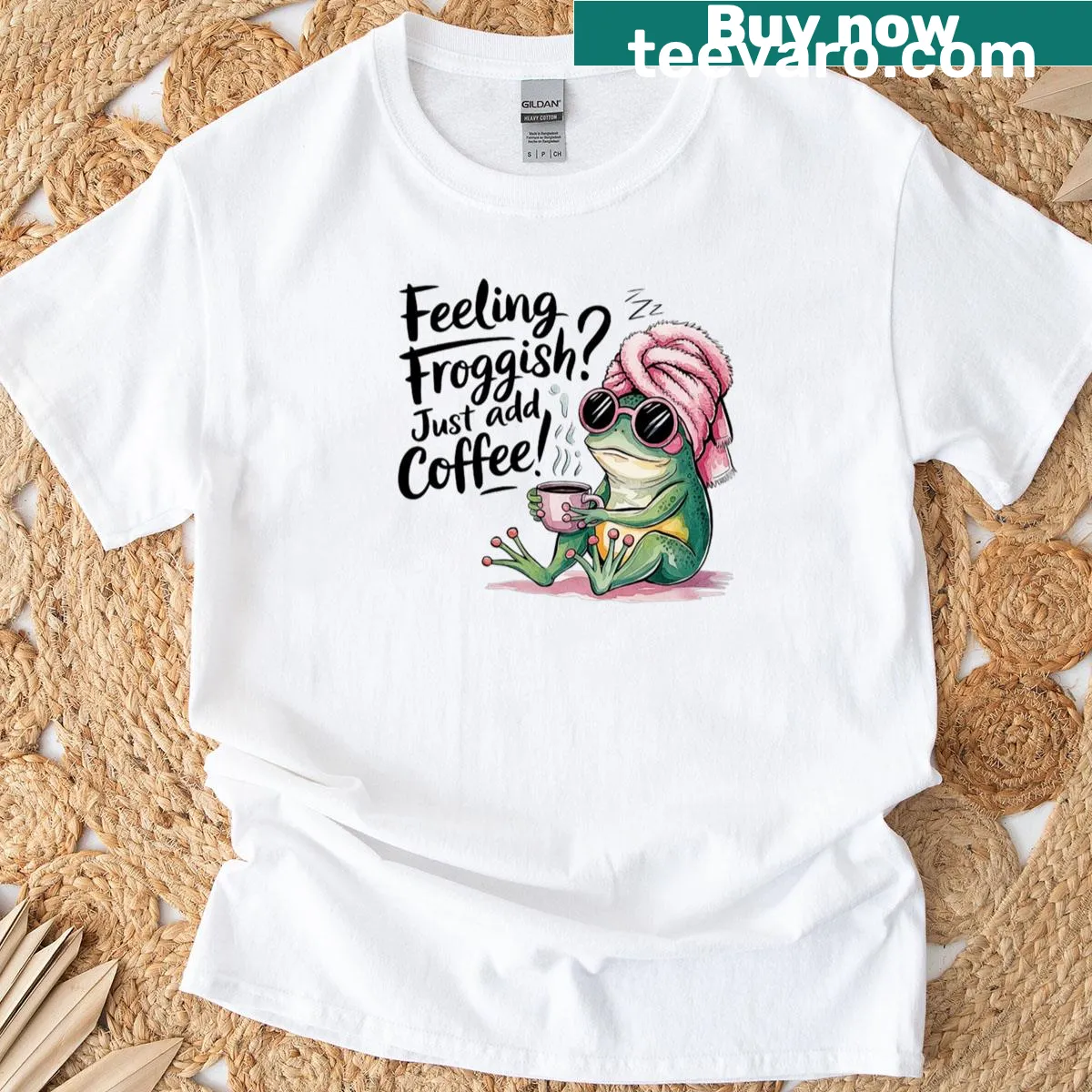 Cute sleepy frog holding a coffee cup design — on a men's t-shirt