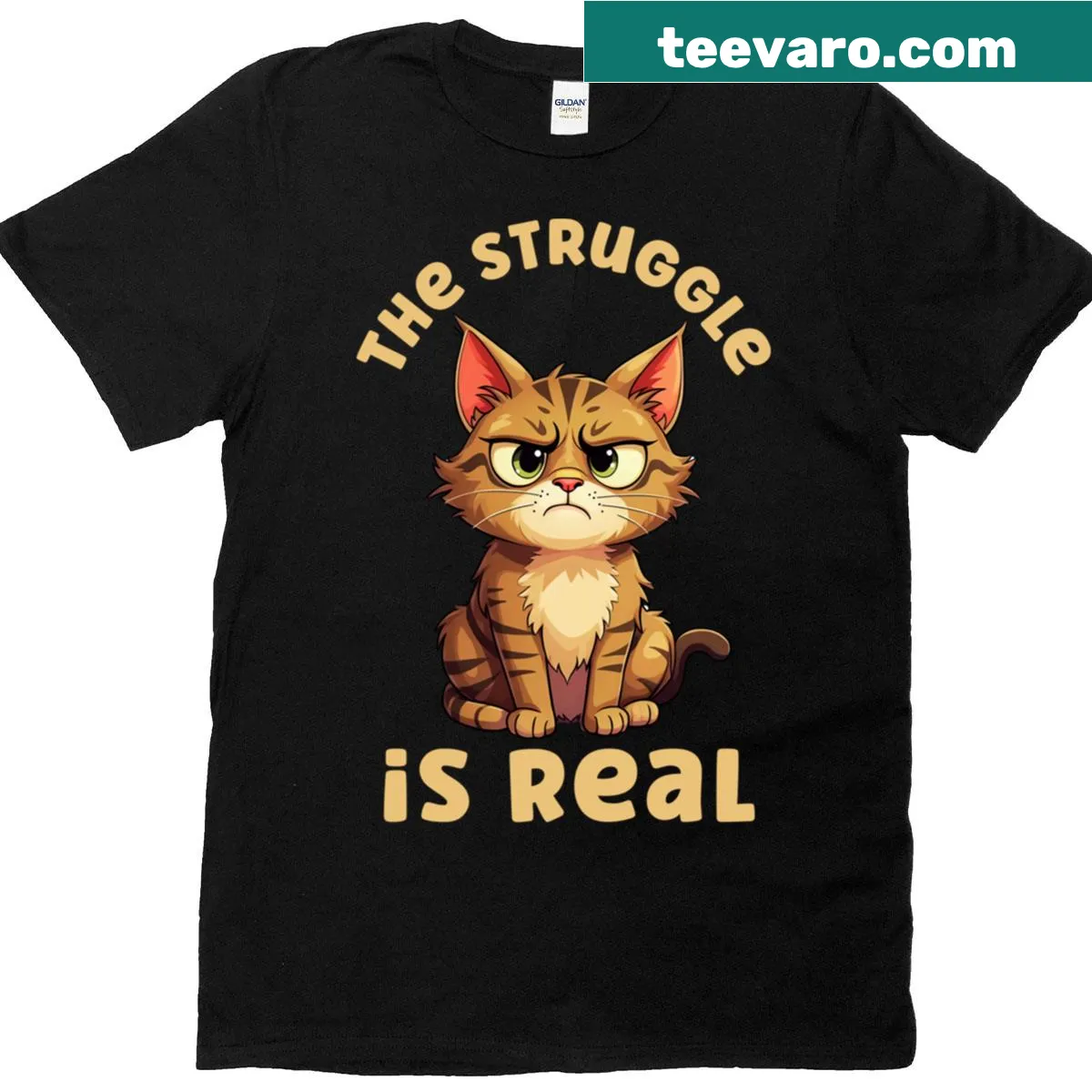 Sarcastic cat lover t-shirt with the text The Struggle Is Real — on a men's t-shirt