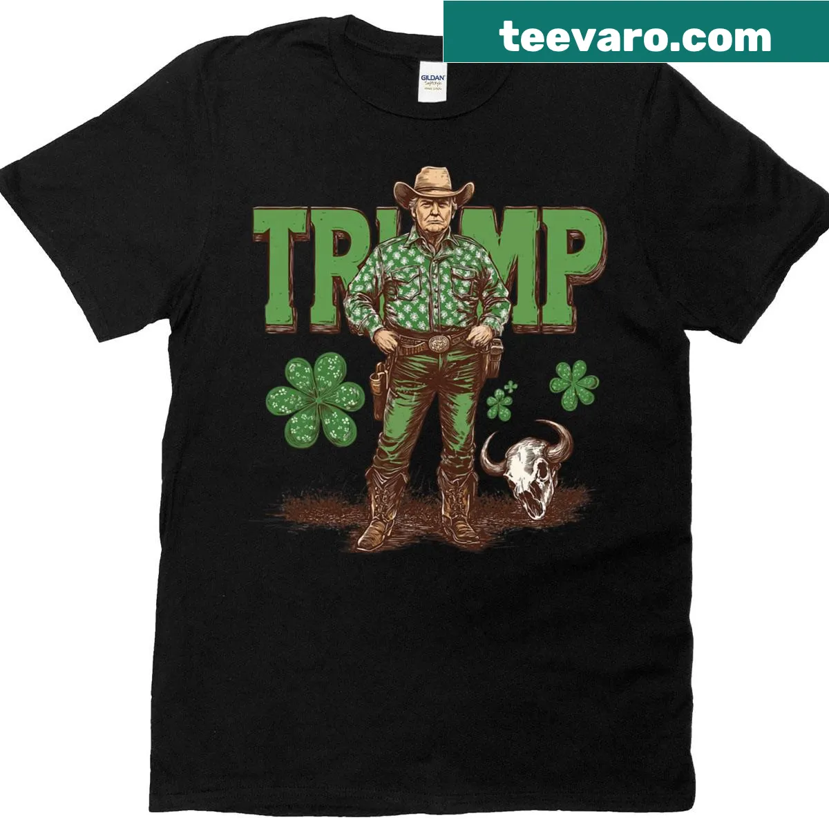 St. Patrick's Day t-shirt with cowboy and Trump graphic — on a men's t-shirt
