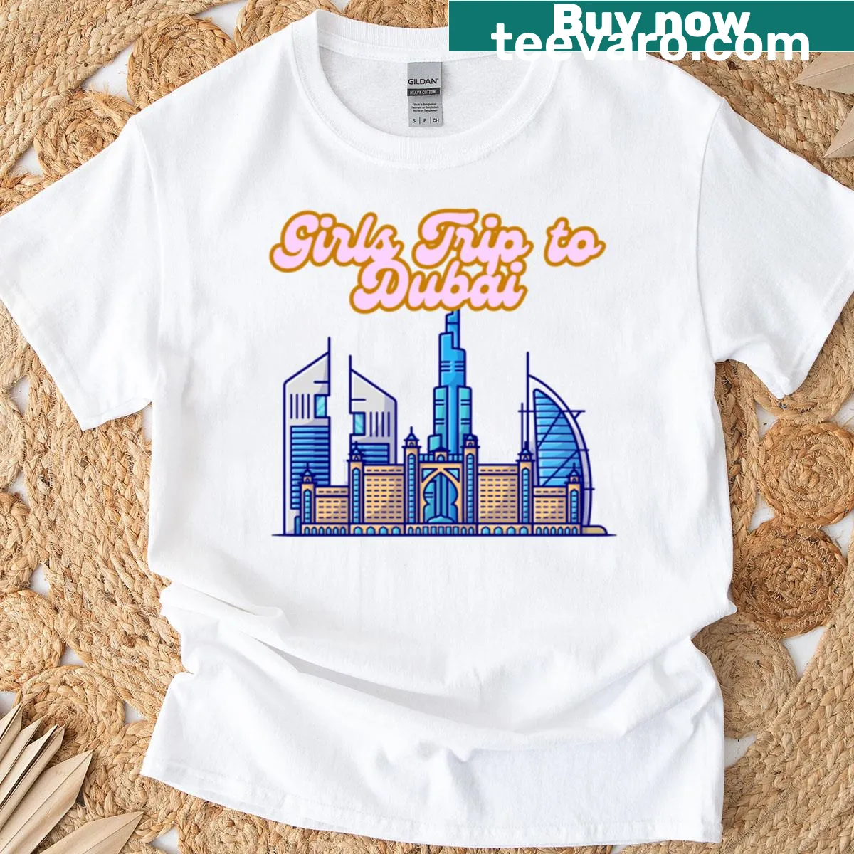 Cartoon illustration of Dubai city skyline — on a men's t-shirt