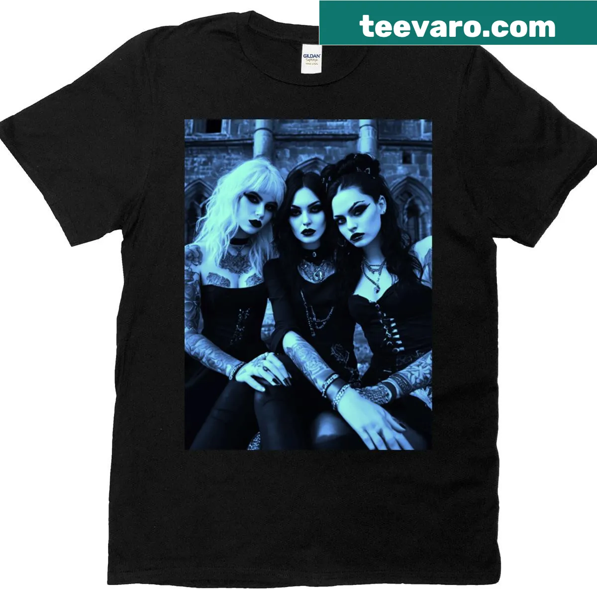 Edgy T-shirt featuring gothic vampire girls design — on a men's t-shirt