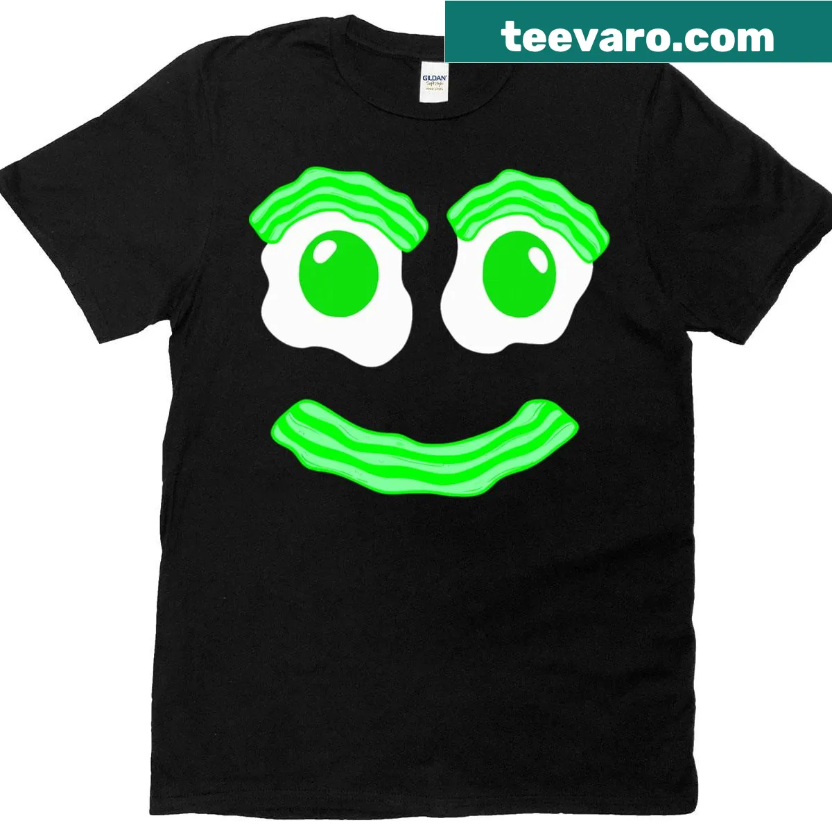 Breakfast-themed t-shirt with smiley face and food graphics — on a men's t-shirt