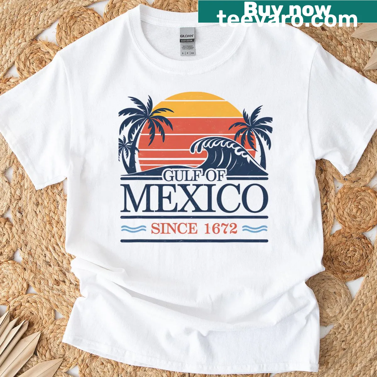 Vintage-style beach sunset design on Gulf of Mexico T-shirt — on a men's t-shirt