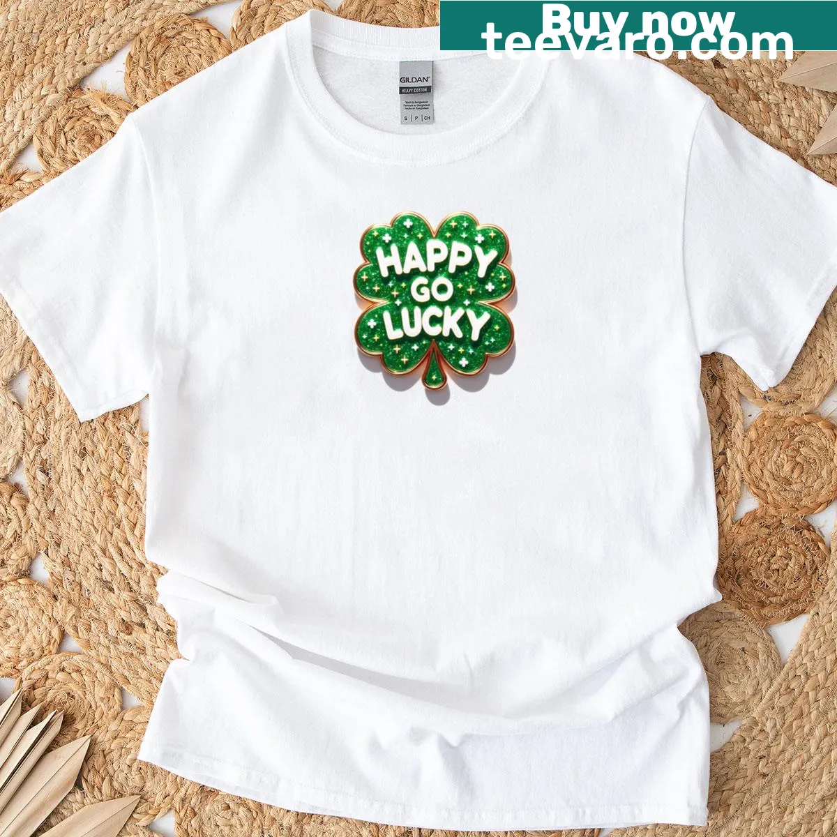Cheerful T-shirt with Happy Go Lucky slogan — on a men's t-shirt