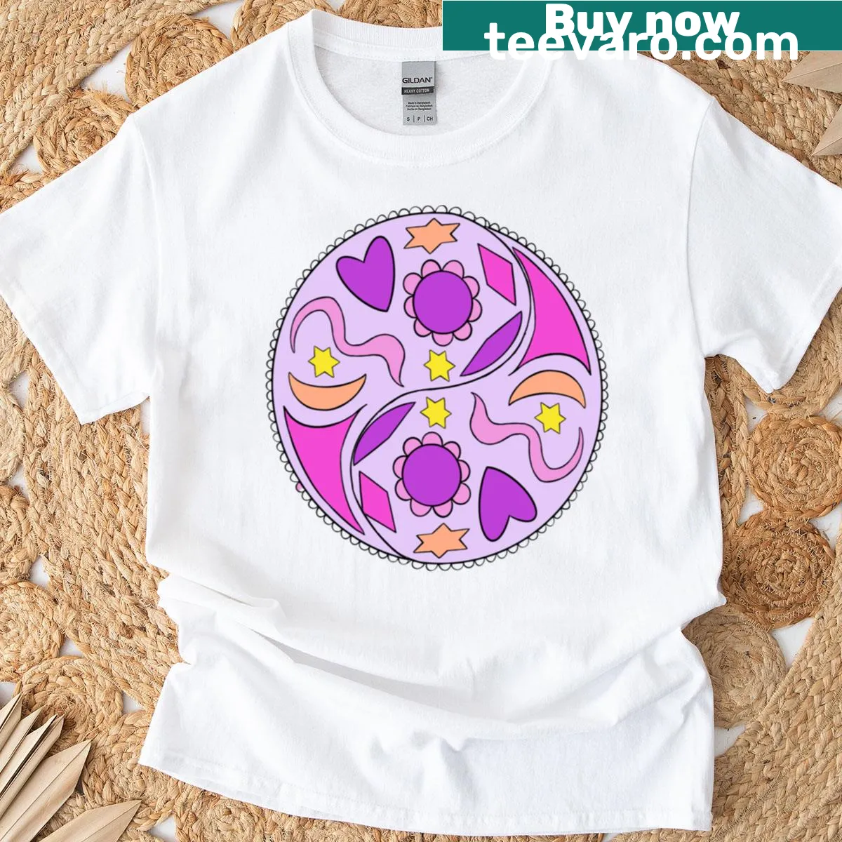 Yin yang t-shirt with heart, star, and flower graphics — on a men's t-shirt