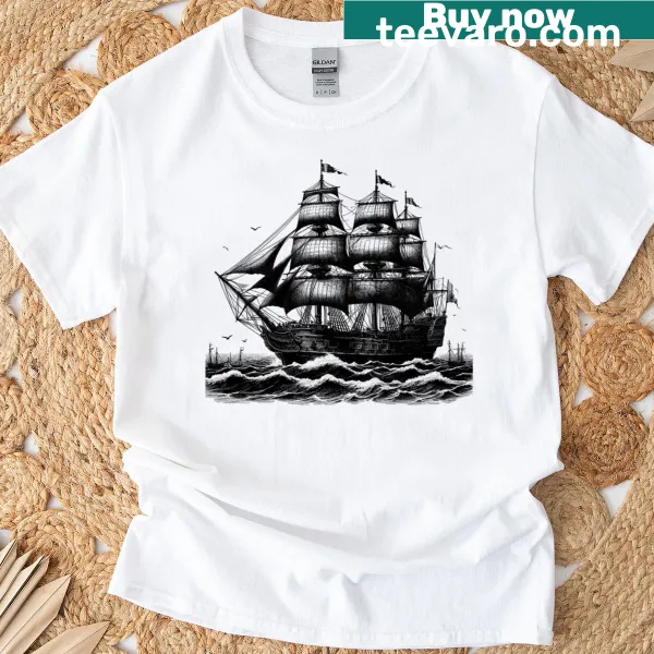 Illustration of an old ship on a T-shirt celebrating maritime history