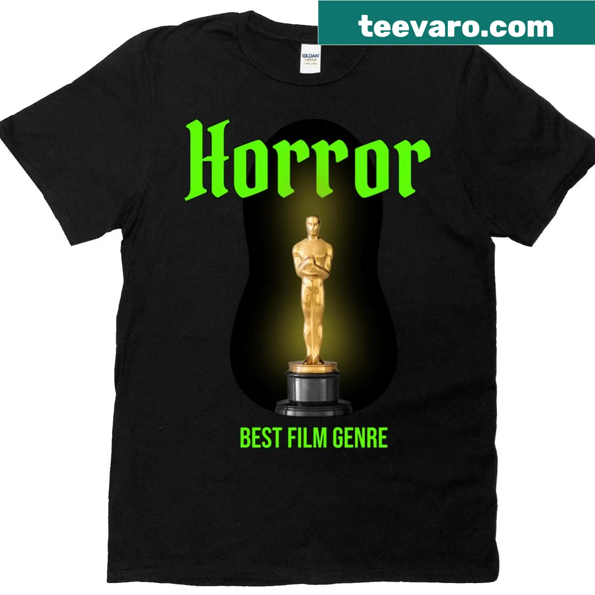 Horror-themed t-shirt with 'Horror Best Film Genre' text — on a men's t-shirt