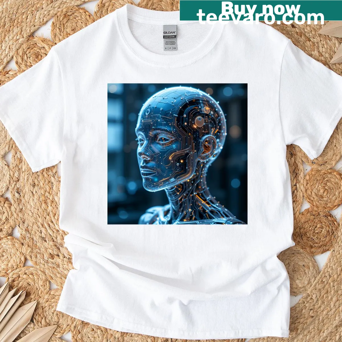 Graphic T-shirt featuring a humanoid AI with glowing circuits and a translucent face — on a men's t-shirt