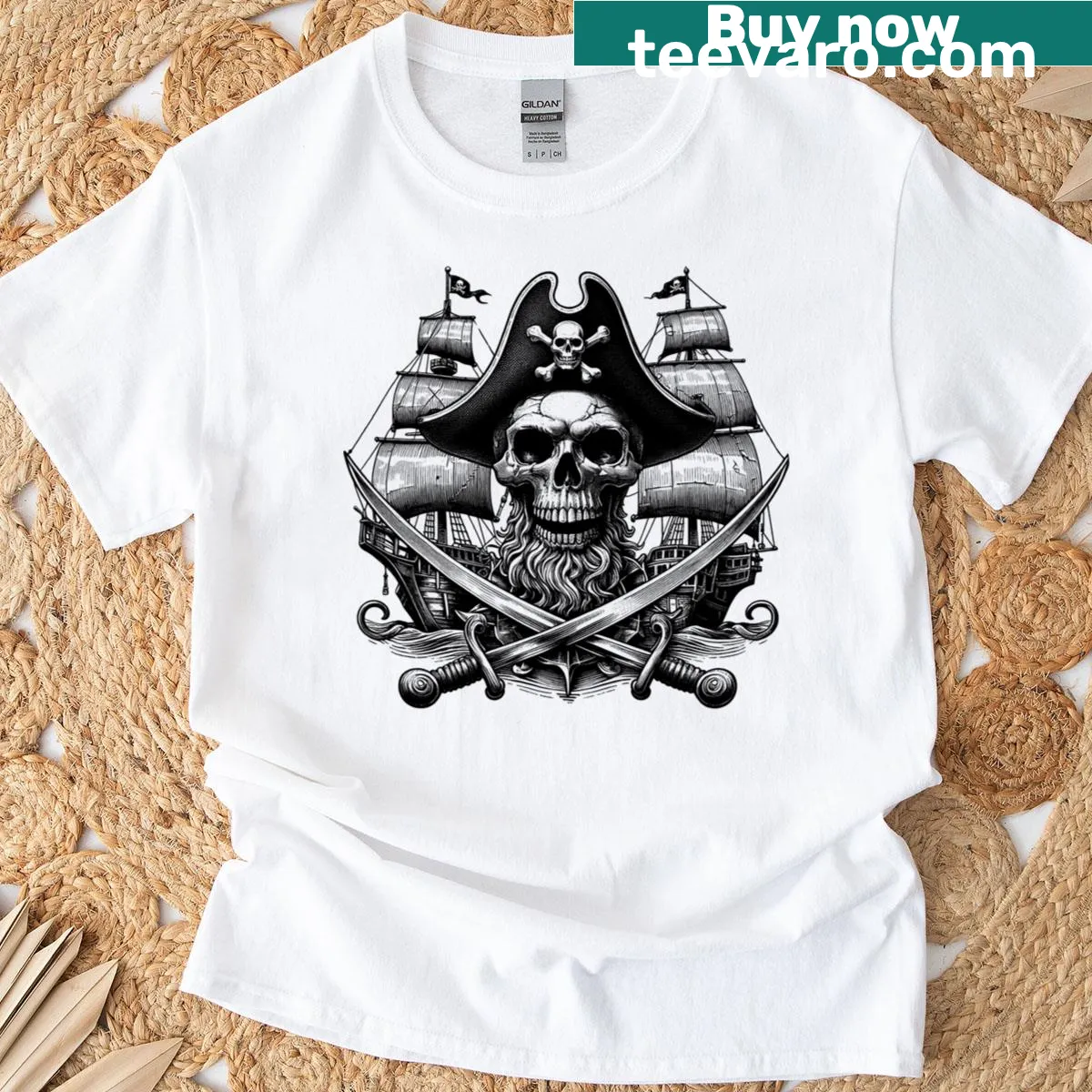 Skull and crossbones graphic t-shirt — on a men's t-shirt